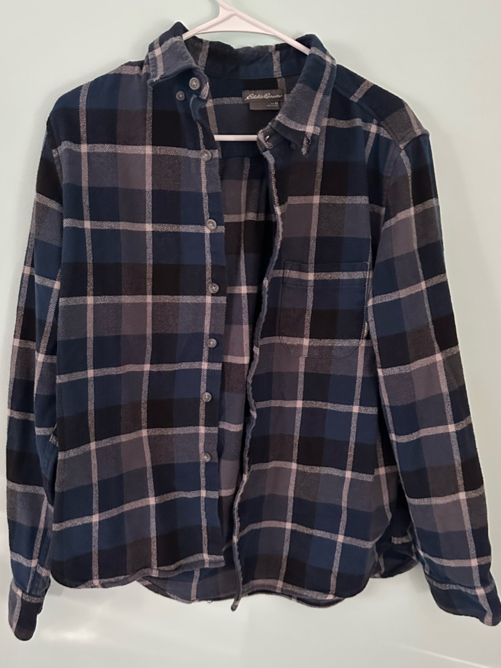 Eddie Bauer Navy Gray and Black Plaid Button-Down Shirt